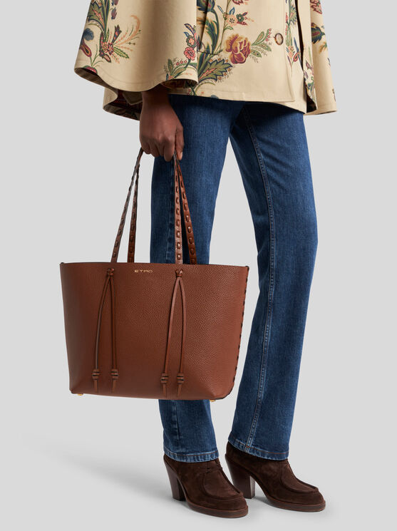 Etro Essential Medium Leather Tote Bag With Threading, Woman, Brown