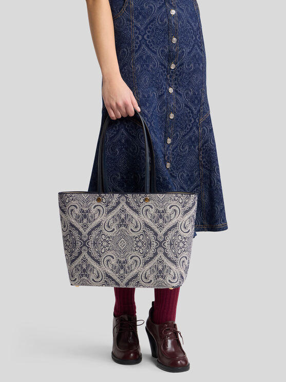 Etro Essential Medium Jacquard Denim Tote Bag, Woman, Blue In Blue