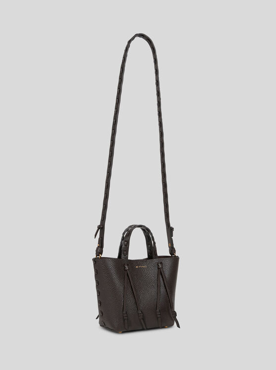 Etro Essential Mini Leather Tote Bag With Threading, Woman, Dark Brown