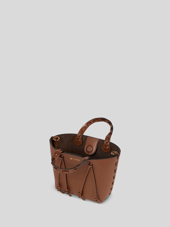Etro Essential Mini Leather Tote Bag With Threading, Woman, Brown