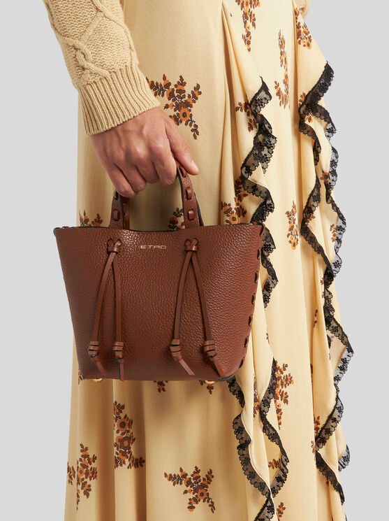 Etro Essential Mini Leather Tote Bag With Threading, Woman, Brown