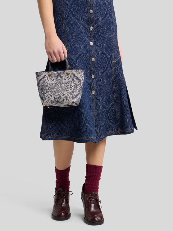 Etro Essential Mini Jacquard Denim Tote Bag, Woman, Blue In Blue