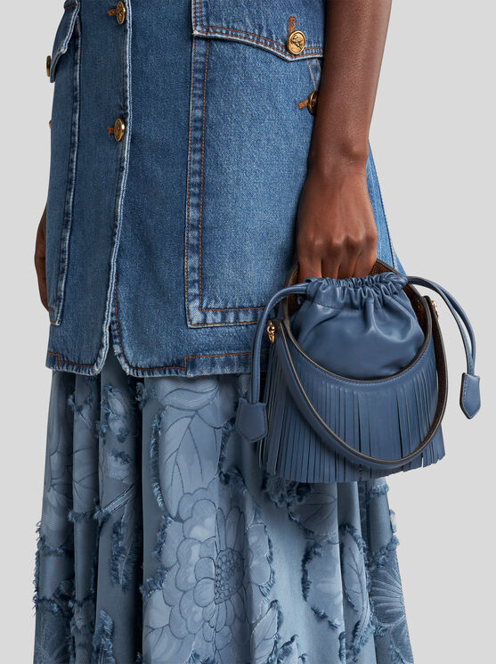 Shop Etro Mini Saturno Bag With Fringing In Light Blue