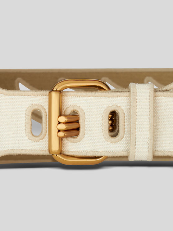 Shop Etro Perforated Canvas Belt With Three Prongs In White