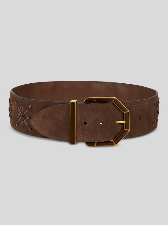 Etro , Suede Belt With Threading, Woman, Brown, Size 100 In Brown