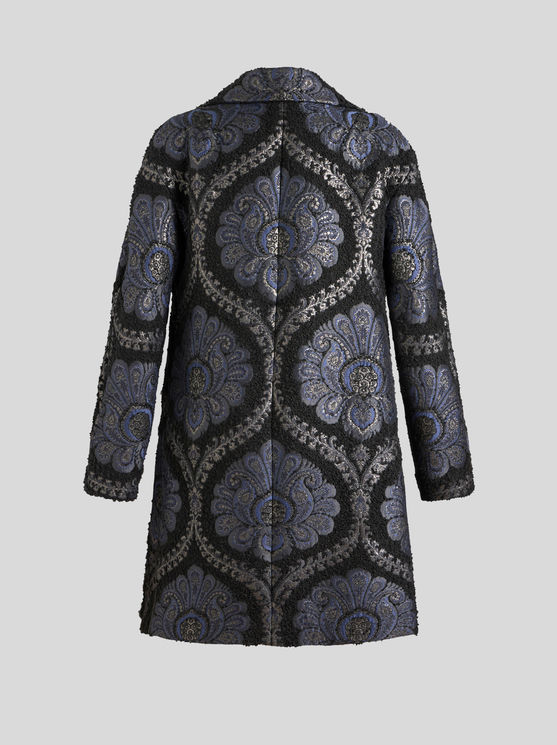 Shop Etro Short Jacquard Coat In Navy Blue