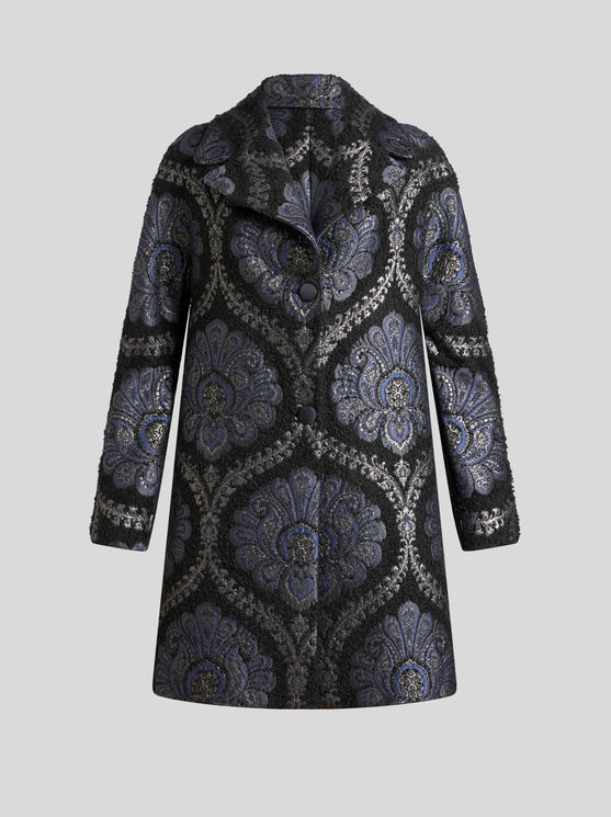 Shop Etro Short Jacquard Coat In Navy Blue