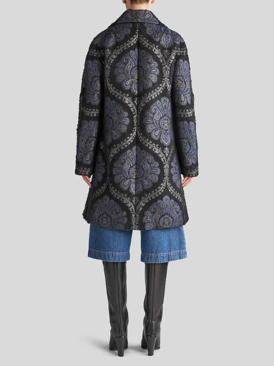 Shop Etro Short Jacquard Coat In Navy Blue