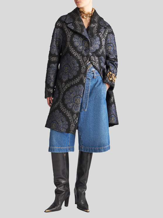 Shop Etro Short Jacquard Coat In Navy Blue