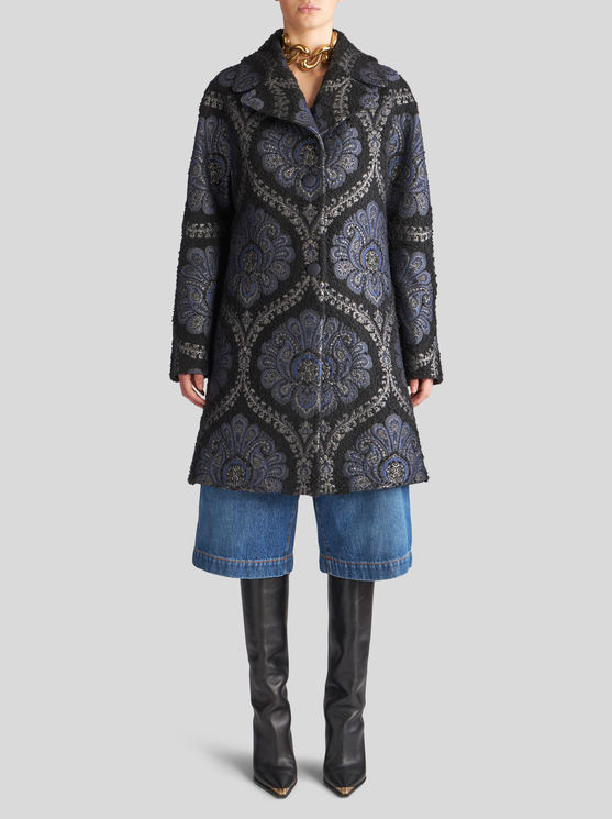 Shop Etro Short Jacquard Coat In Navy Blue