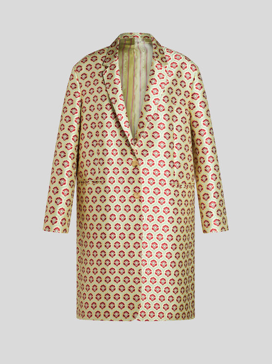 Shop Etro Shiny Jacquard Duster Coat In Yellow