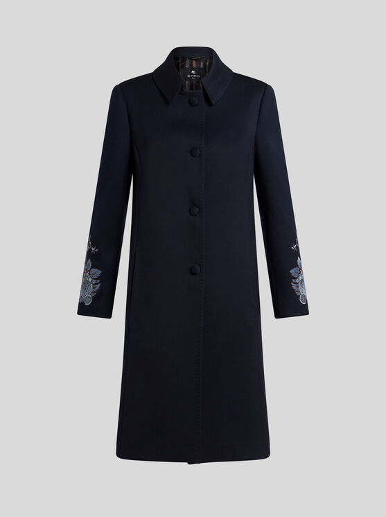 Shop Etro Gabardine Coat With Embroidery In Navy Blue