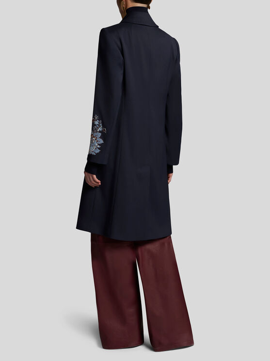 Shop Etro Gabardine Coat With Embroidery In Navy Blue