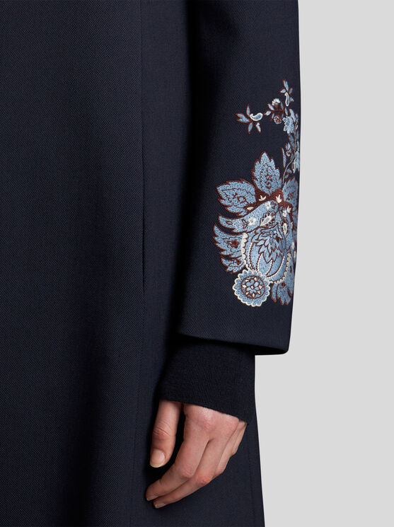 Shop Etro Gabardine Coat With Embroidery In Navy Blue