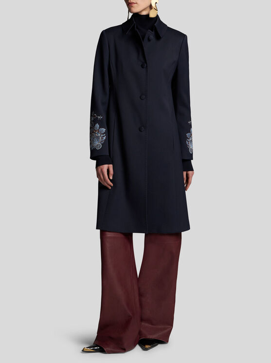 Shop Etro Gabardine Coat With Embroidery In Navy Blue