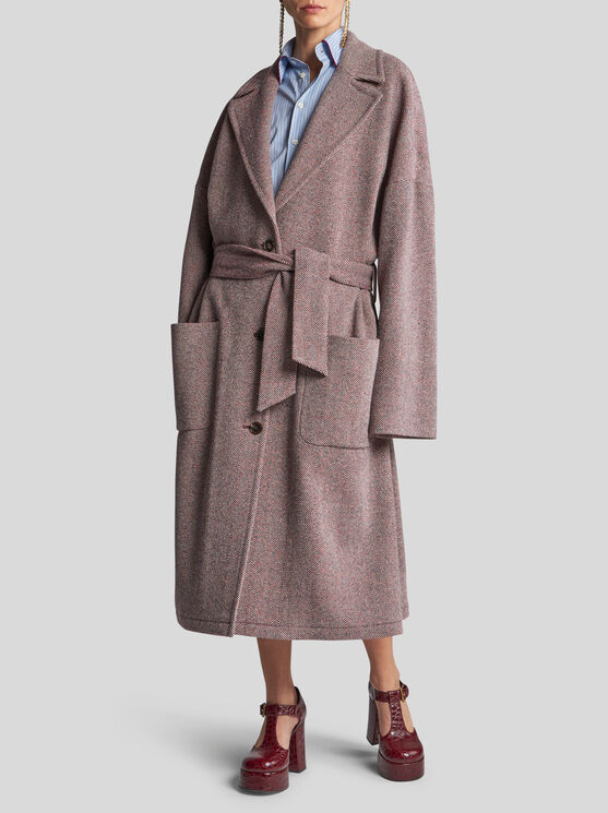 Shop Etro Wool Coat With Belt In Pink