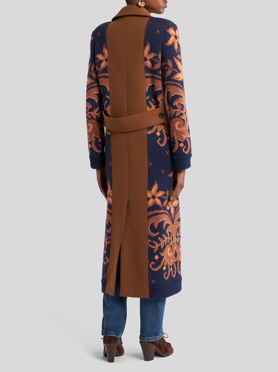 Etro Bi-material Double-breasted Long Coat In Brown