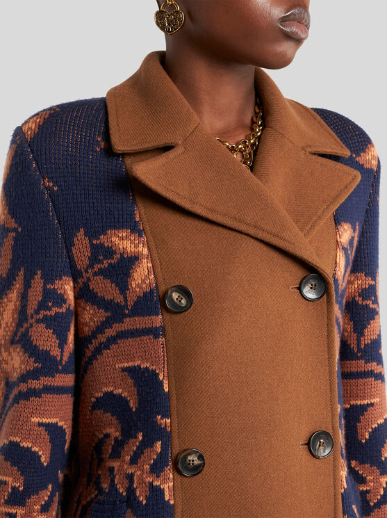Etro Bi-material Double-breasted Long Coat In Brown
