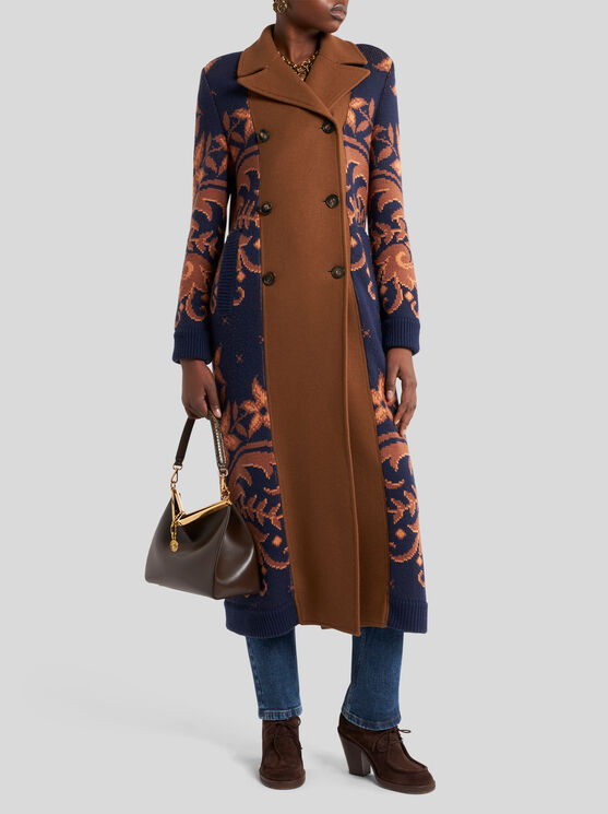 Etro Bi-material Double-breasted Long Coat In Brown
