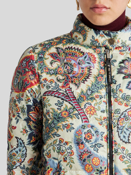 Shop Etro Printed Nylon Down Jacket In Beige