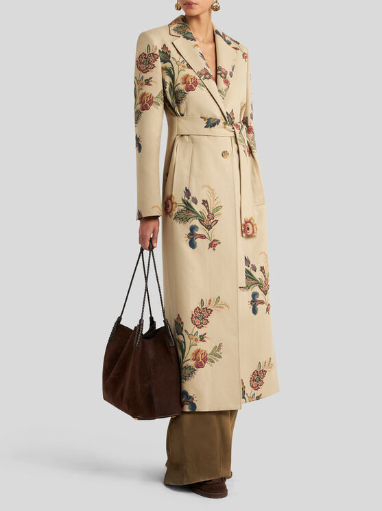 Etro Floral-print Belted Coat In Brown