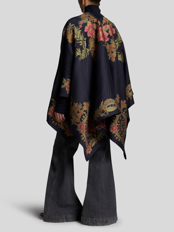 Shop Etro Jacquard Cape In Navy Blue