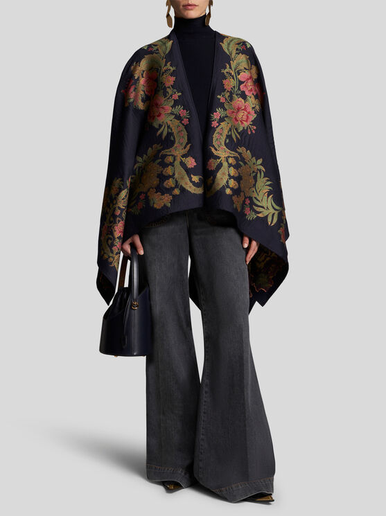 Shop Etro Jacquard Cape In Navy Blue