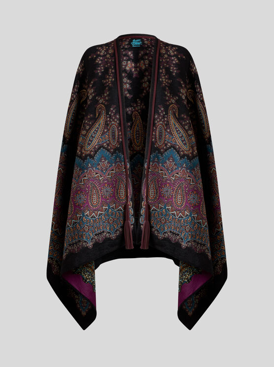 Etro Midnight Dream Lurex Cape With Leather Trim In Multi