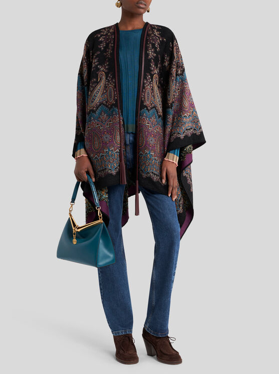 Etro Midnight Dream Lurex Cape With Leather Trim In Multi