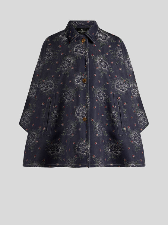 Shop Etro Jacquard Denim Cape In Navy Blue