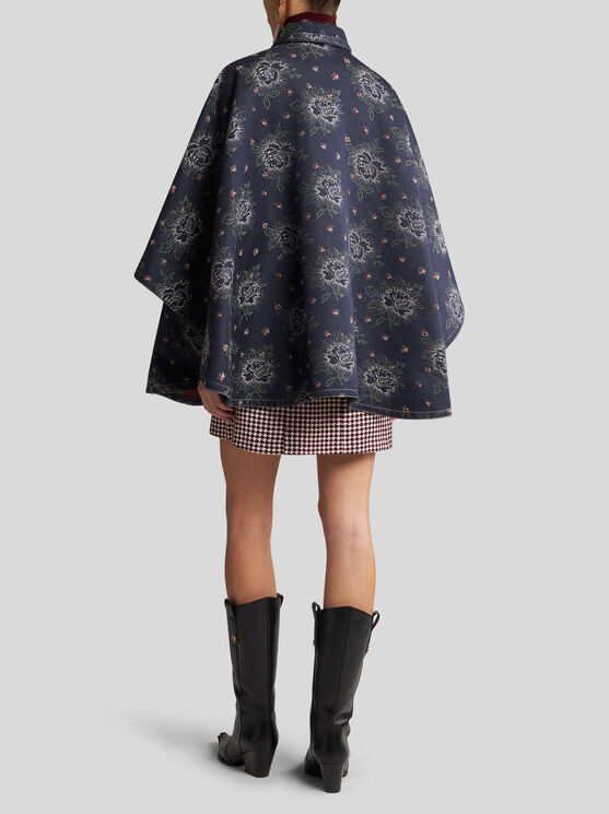 Shop Etro Jacquard Denim Cape In Navy Blue