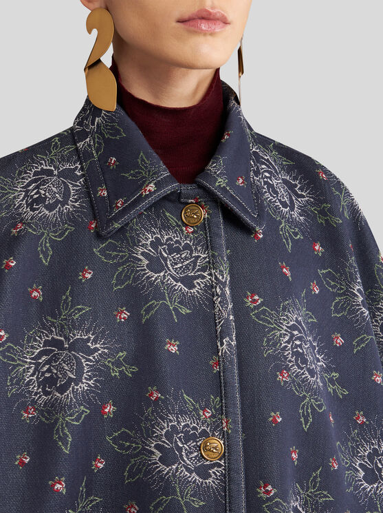 Shop Etro Jacquard Denim Cape In Navy Blue