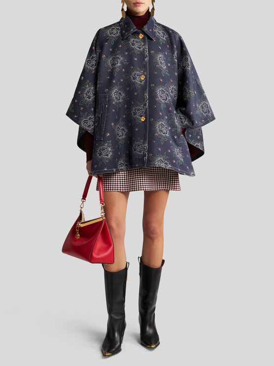 Shop Etro Jacquard Denim Cape In Navy Blue