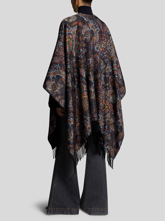 Shop Etro Wool And Silk Cape With Print In Black