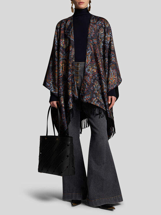 Shop Etro Wool And Silk Cape With Print In Black