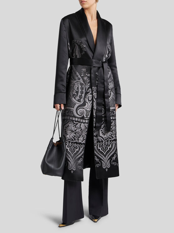 Shop Etro Satin Jacquard Duster Coat In Grey