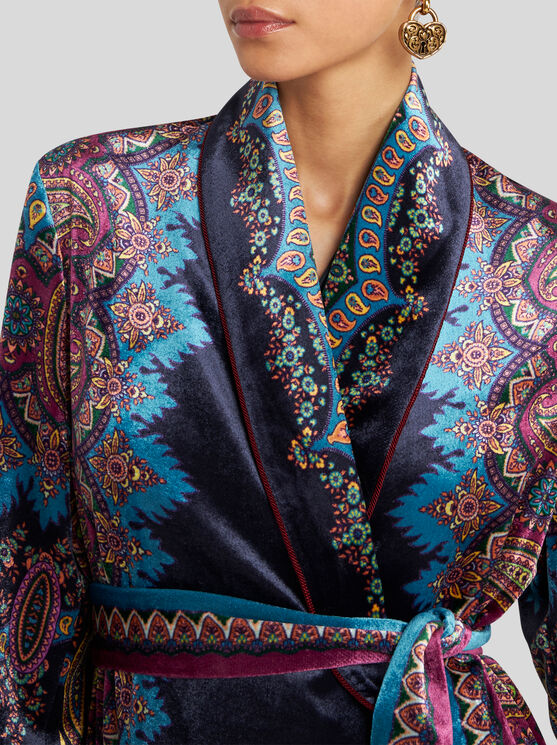 Etro Paisley-print Velvet Robe In Blue