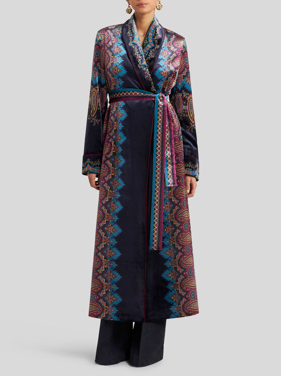 Etro Paisley-print Velvet Robe In Blue
