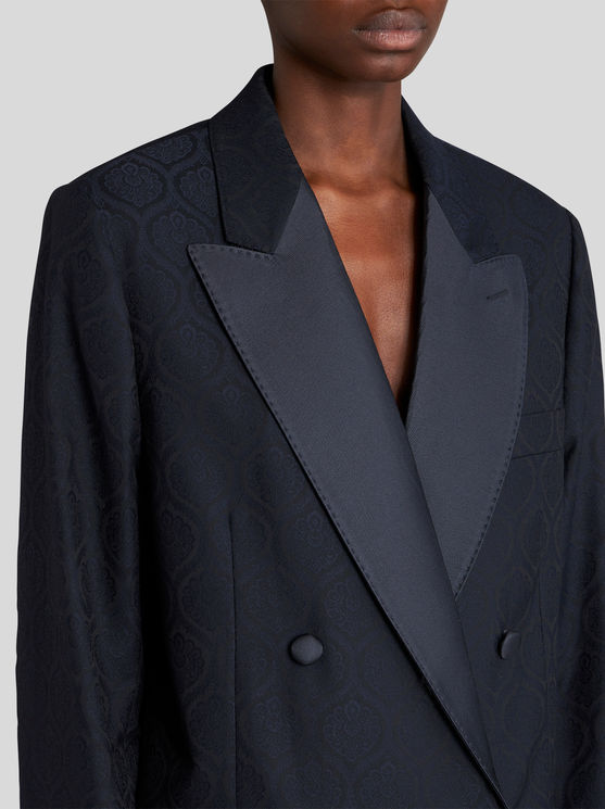 Shop Etro Double-breasted Jacquard Jacket In Navy Blue