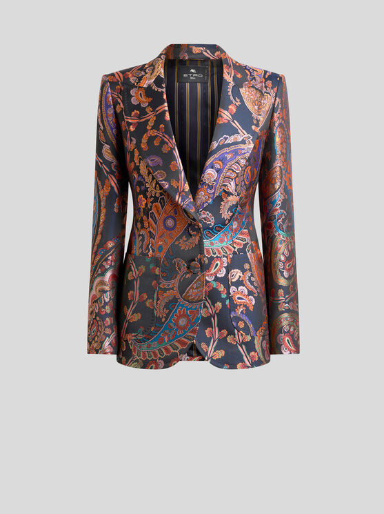 Etro , Jacquard Single-breasted Jacket With Floral Paisley Motif, Woman, Blue, Size 50
