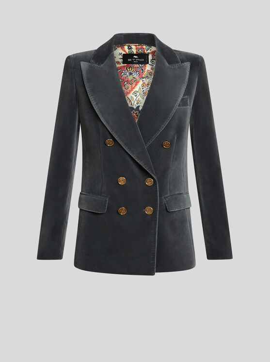 Shop Etro Double-breasted Velvet Jacket In Grey