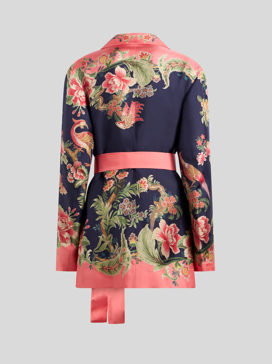 Shop Etro Printed Silk Wraparound Jacket In Navy Blue