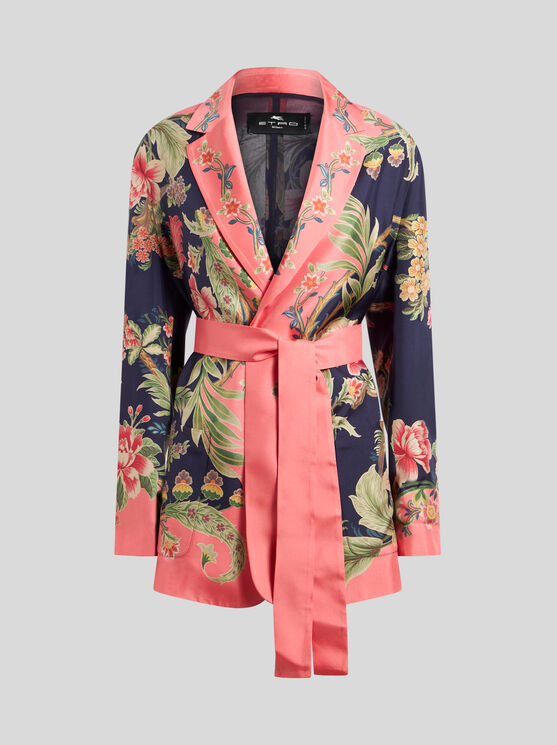 Shop Etro Printed Silk Wraparound Jacket In Navy Blue