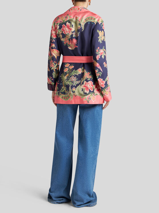 Shop Etro Printed Silk Wraparound Jacket In Navy Blue