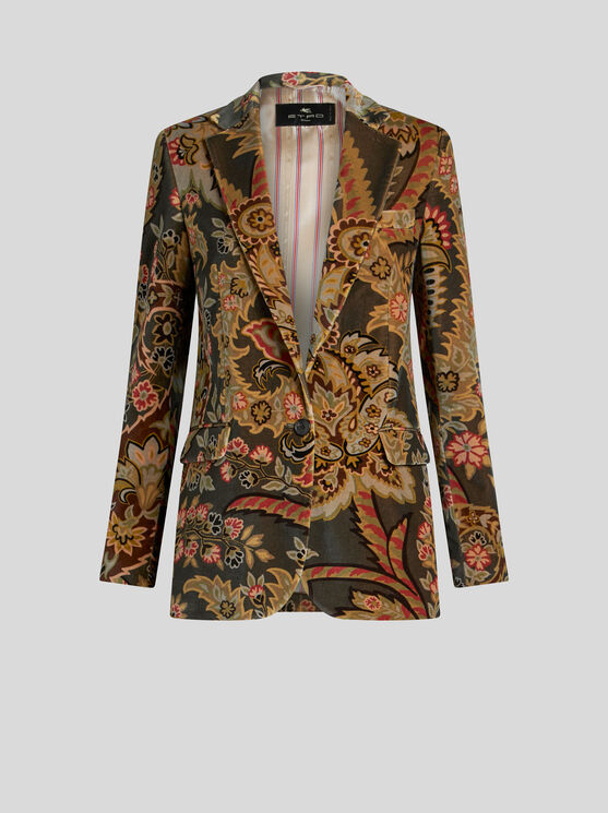 Shop Etro Printed Velvet Jacket In Dark Green