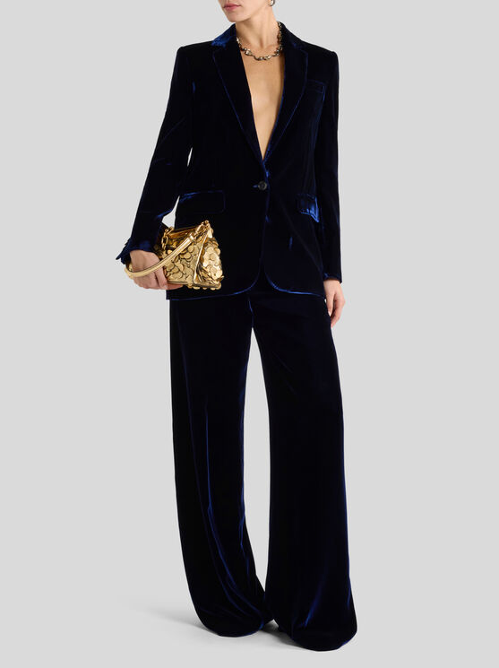 Etro , Single-breasted Velvet Jacket, Woman, Blue, Size 48 In Blue