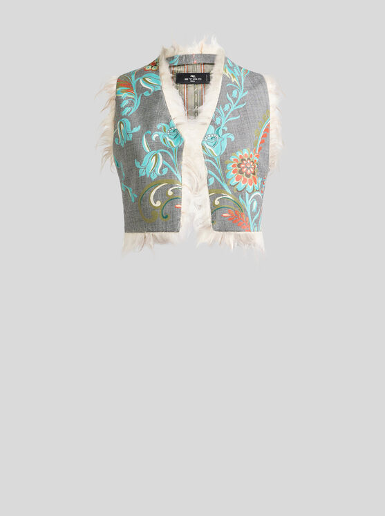 Etro , Cropped Weste Aus Einer Wollmischung Mit Narzissen-print, Damen, Grau, Grösse 40 In Purple