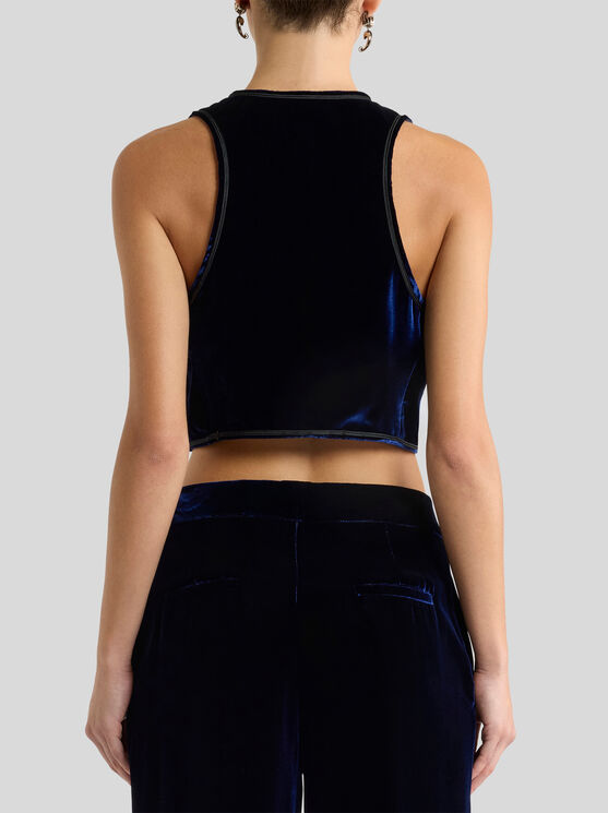 Etro , Cropped Velvet Waistcoat With Paisley Foliage Embroidery, Woman, Blue, Size 42 In Black