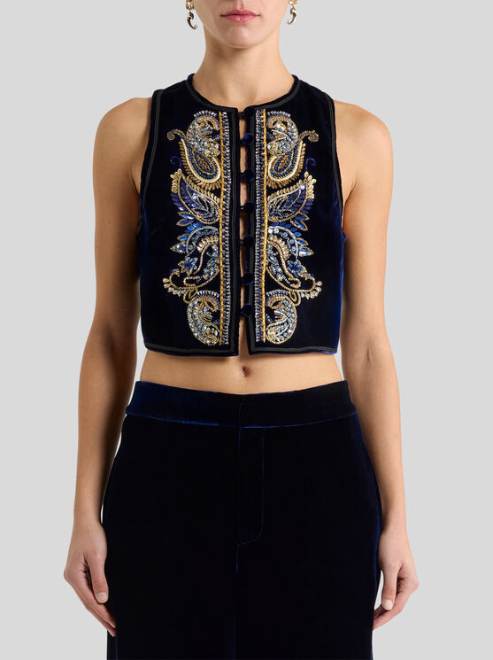 Etro , Cropped Velvet Waistcoat With Paisley Foliage Embroidery, Woman, Blue, Size 42 In Black