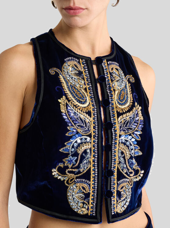 Etro , Cropped Velvet Waistcoat With Paisley Foliage Embroidery, Woman, Blue, Size 42 In Black